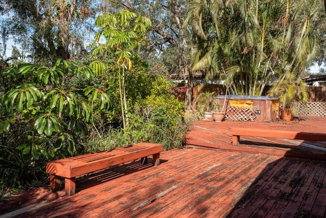 wooden terrace with a hot tub