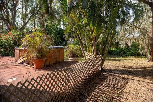 view of yard featuring a jacuzzi and a wooden deck