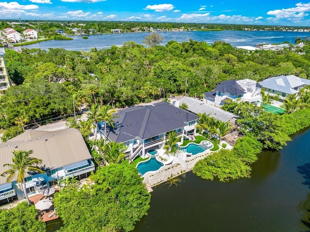 drone / aerial view featuring a water view