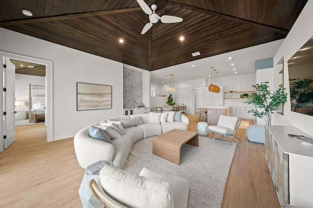 living room featuring ceiling fan, light wood-type flooring, and wood ceiling