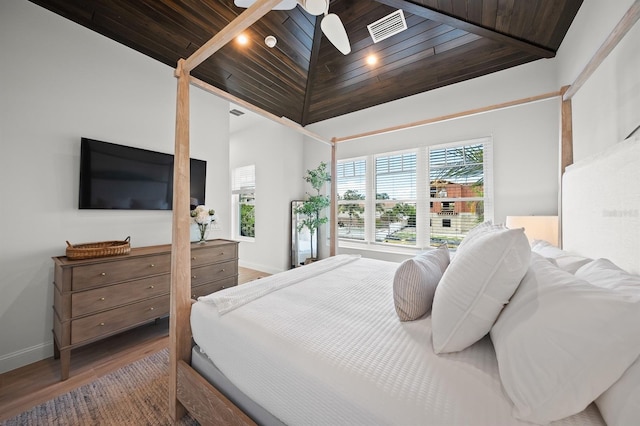 bedroom featuring ceiling fan, high vaulted ceiling, wooden ceiling, and hardwood / wood-style flooring