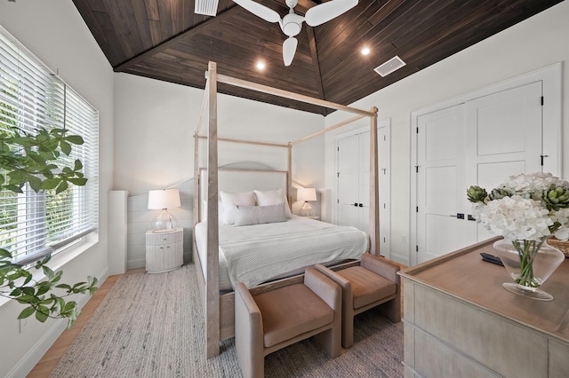 bedroom featuring hardwood / wood-style floors, vaulted ceiling, ceiling fan, and wooden ceiling