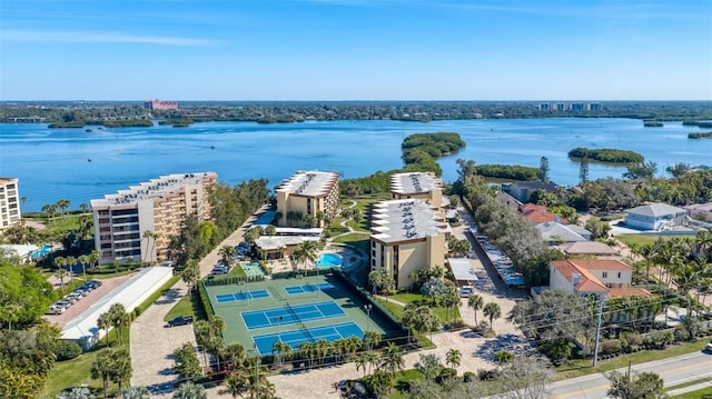 drone / aerial view with a water view