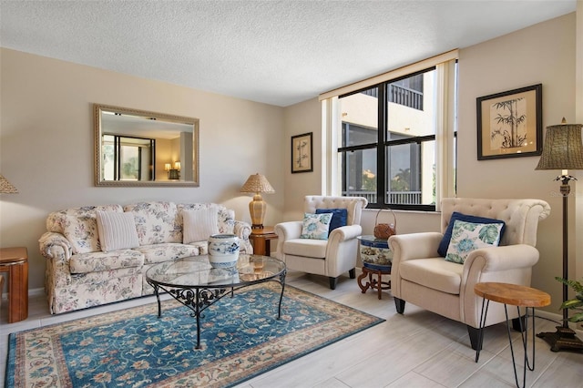 living room with a wealth of natural light and a textured ceiling