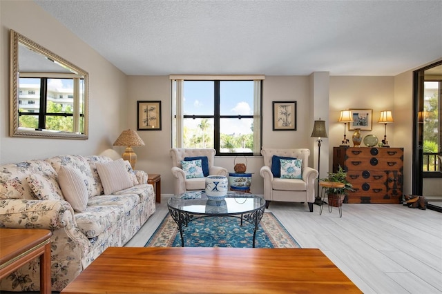 living room with a textured ceiling, light hardwood / wood-style floors, and a wealth of natural light