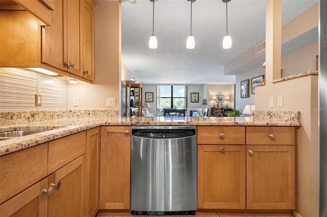 kitchen featuring kitchen peninsula, pendant lighting, stainless steel dishwasher, and light stone counters