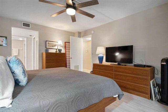 bedroom featuring light wood-type flooring and ceiling fan