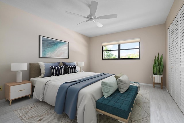 bedroom featuring ceiling fan and light hardwood / wood-style flooring