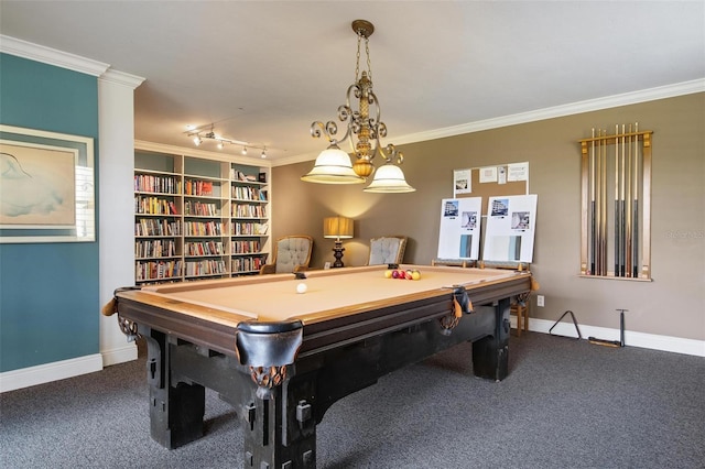 playroom featuring carpet floors, built in features, and crown molding