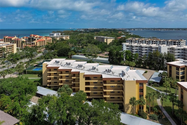 bird's eye view with a water view