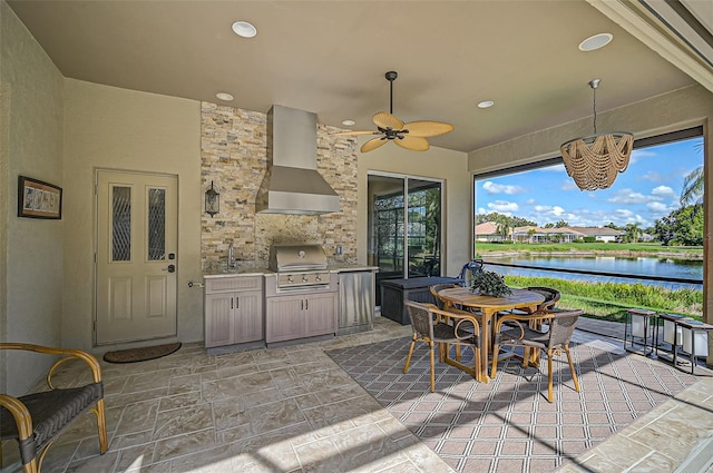 view of patio with ceiling fan, sink, grilling area, area for grilling, and a water view