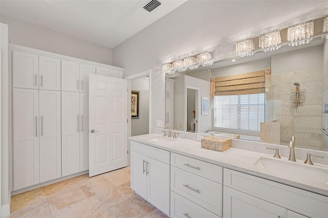 bathroom featuring vanity and walk in shower