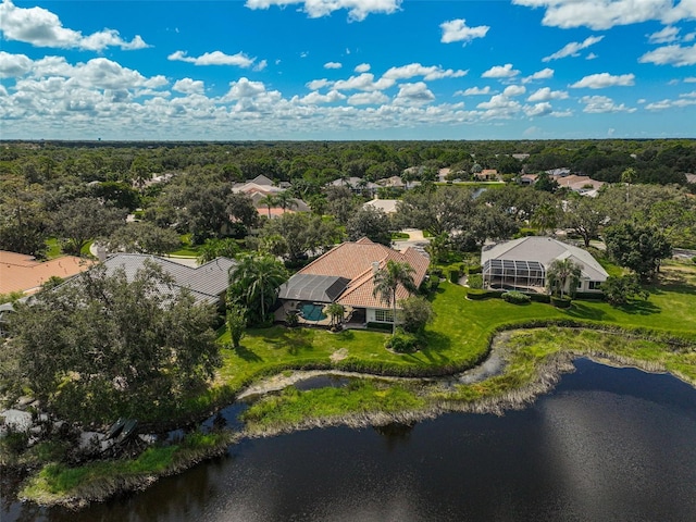 aerial view featuring a water view