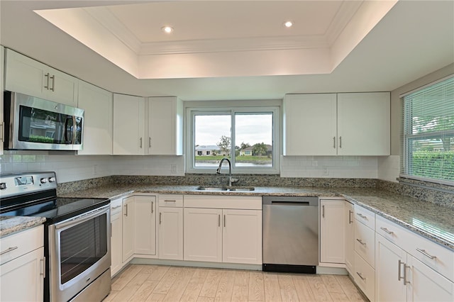 kitchen with white cabinetry, appliances with stainless steel finishes, and a raised ceiling