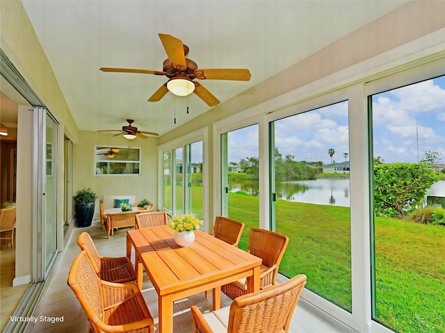 sunroom / solarium with a water view