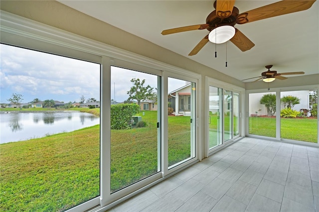 unfurnished sunroom with a water view