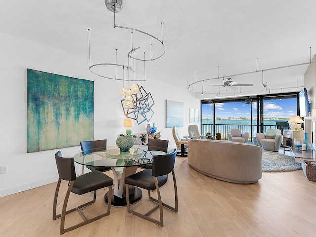 dining area featuring ceiling fan, light hardwood / wood-style floors, and floor to ceiling windows