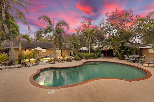 pool at dusk featuring a patio