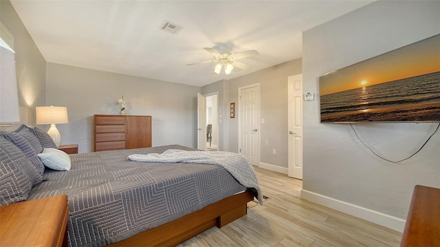 bedroom with ceiling fan and light wood-type flooring