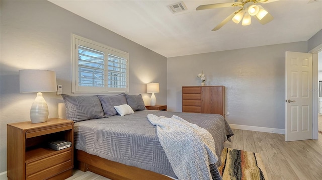 bedroom featuring ceiling fan and light wood-type flooring