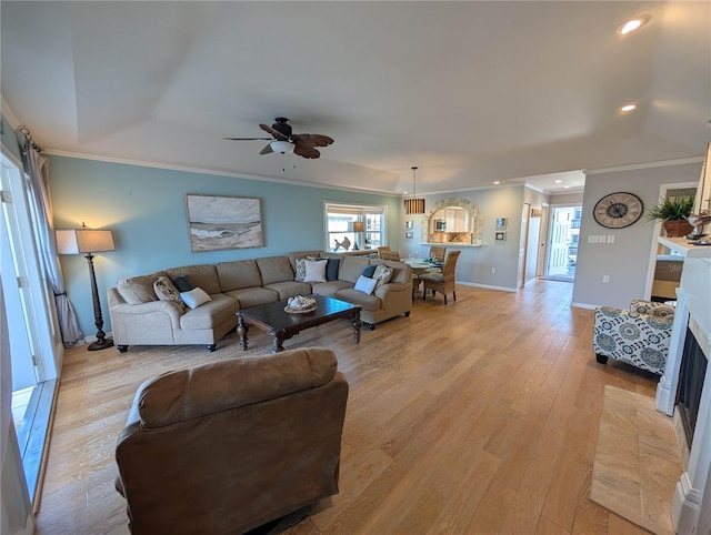 living room featuring a tray ceiling, ceiling fan, light hardwood / wood-style flooring, and a healthy amount of sunlight