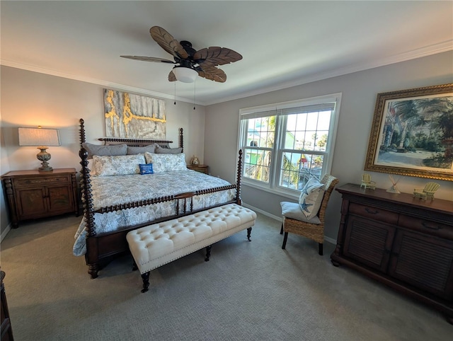 bedroom with ceiling fan, carpet floors, and ornamental molding