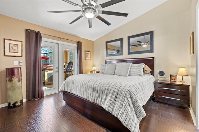 bedroom featuring access to exterior, vaulted ceiling, ceiling fan, and dark wood-type flooring