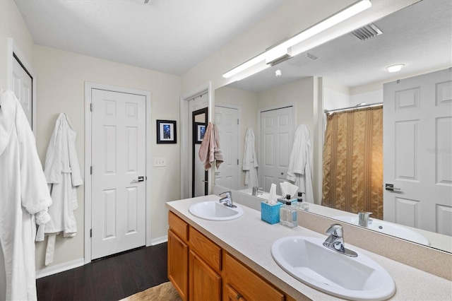 bathroom with hardwood / wood-style floors and vanity