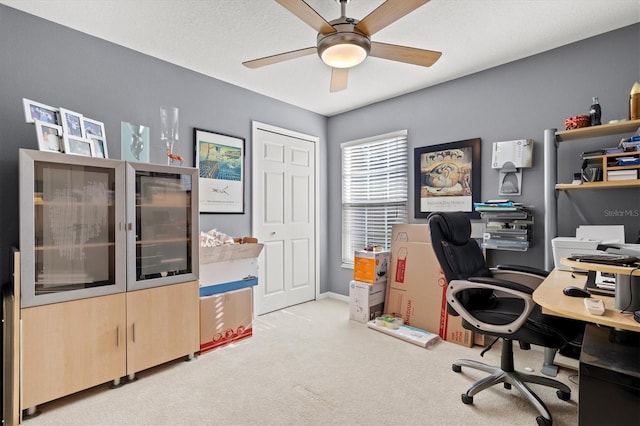 office with ceiling fan and light carpet