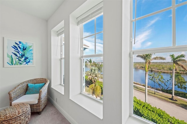 sitting room featuring a water view and carpet