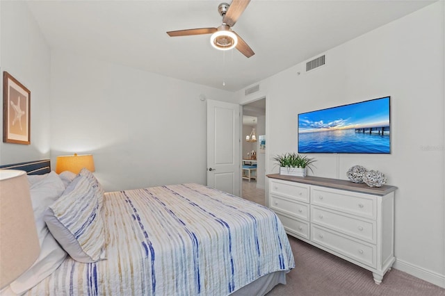 carpeted bedroom with ceiling fan