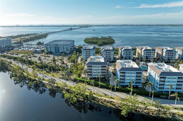 drone / aerial view featuring a water view