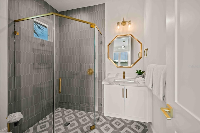 bathroom with vanity and walk in shower