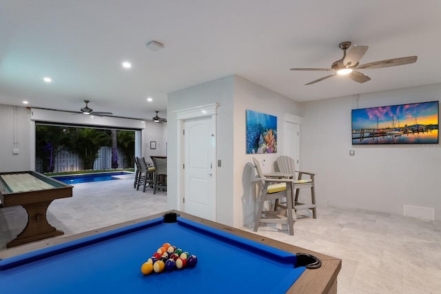 rec room featuring ceiling fan and pool table