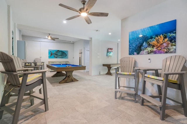 recreation room with ceiling fan and pool table