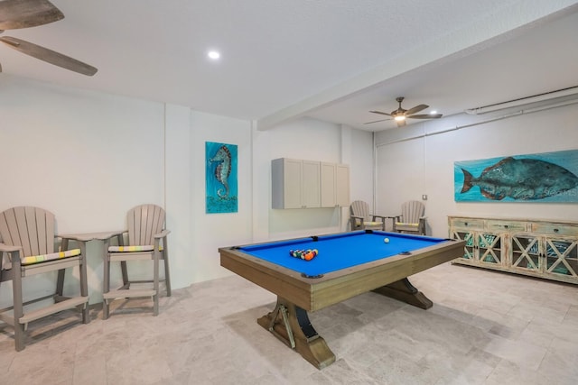 game room with beamed ceiling, ceiling fan, and billiards