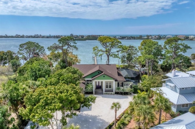 drone / aerial view featuring a water view