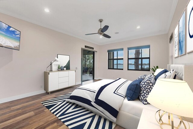 bedroom featuring access to outside, baseboards, recessed lighting, and wood finished floors