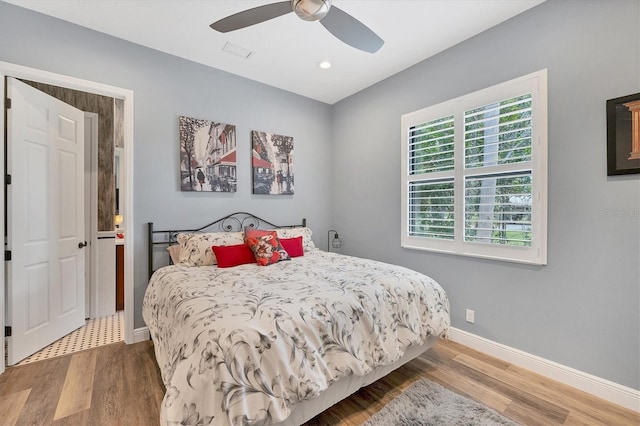 bedroom with recessed lighting, baseboards, ceiling fan, and wood finished floors