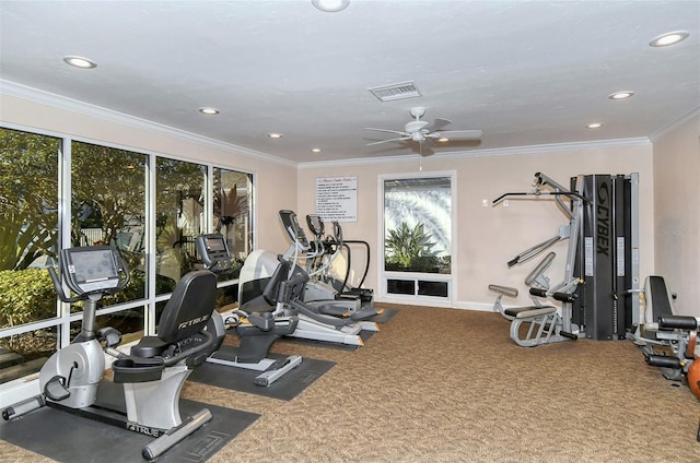 gym with ceiling fan, crown molding, and carpet floors