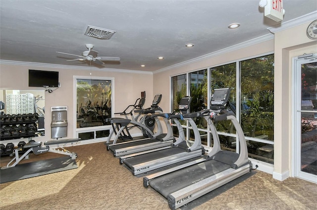 exercise room featuring carpet flooring, ceiling fan, and ornamental molding