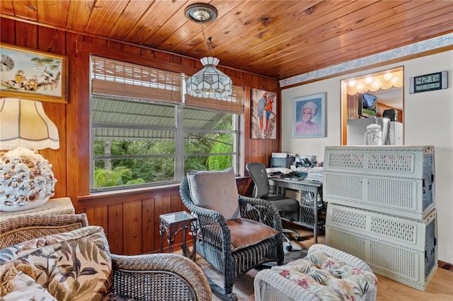 sitting room with wood-type flooring, wood ceiling, and wood walls