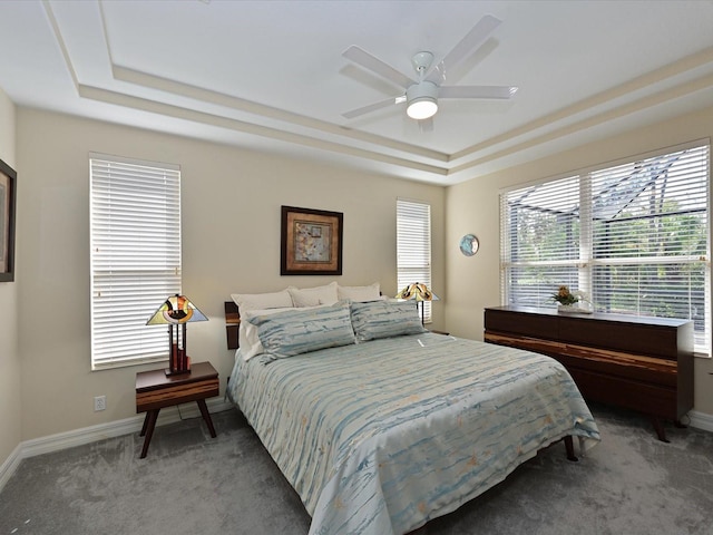 bedroom with a raised ceiling, ceiling fan, and carpet