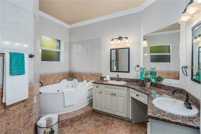 bathroom with crown molding, a bathtub, and vanity