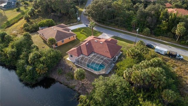 drone / aerial view featuring a water view