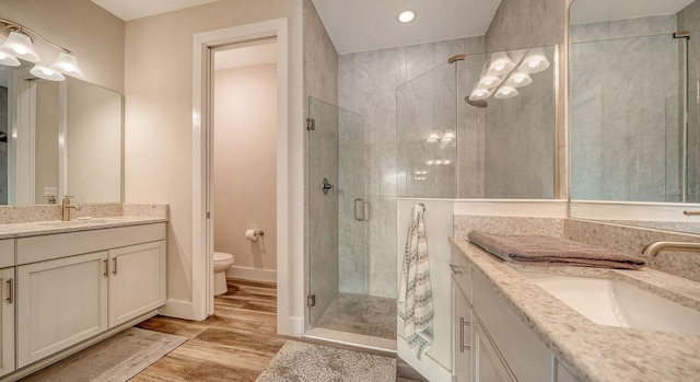 bathroom with a shower with door, vanity, wood-type flooring, and toilet