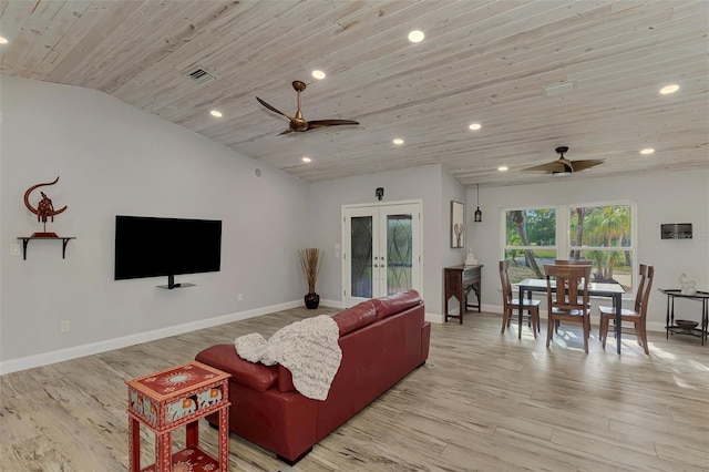 living room featuring wood ceiling, light wood-type flooring, french doors, ceiling fan, and lofted ceiling