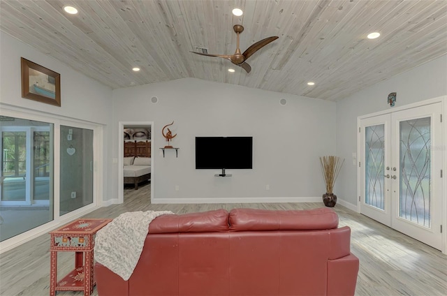 living room with french doors, light hardwood / wood-style flooring, lofted ceiling, and wood ceiling