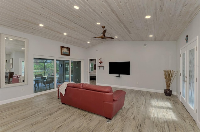 living room with wooden ceiling, light wood-type flooring, french doors, ceiling fan, and lofted ceiling