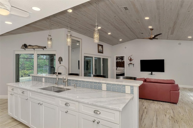 kitchen with sink, white cabinetry, pendant lighting, and wood ceiling